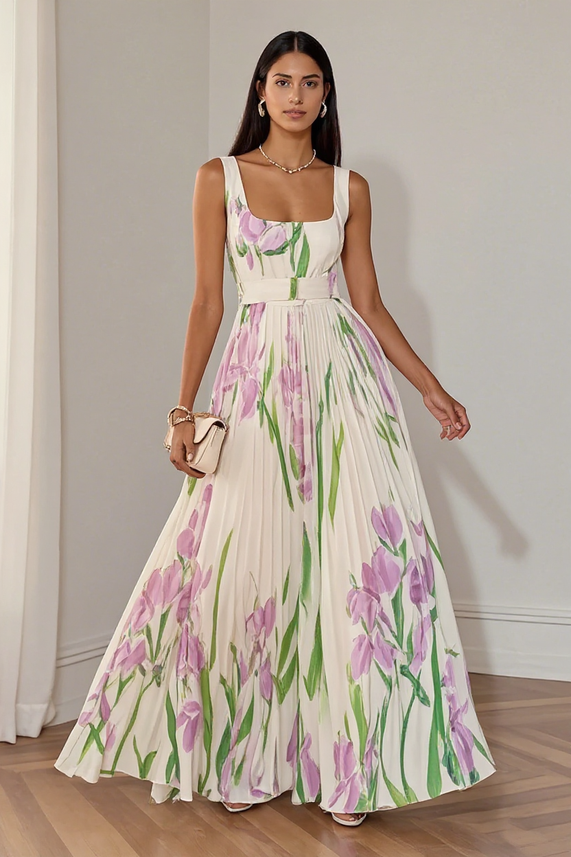 Floral Pleated Maxi Dress with Square Neckline