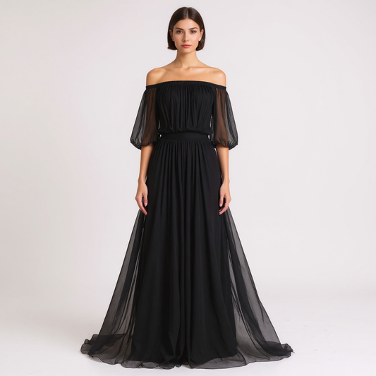Elegant Off-Shoulder Black Pleated Dress with Flowing Silhouette