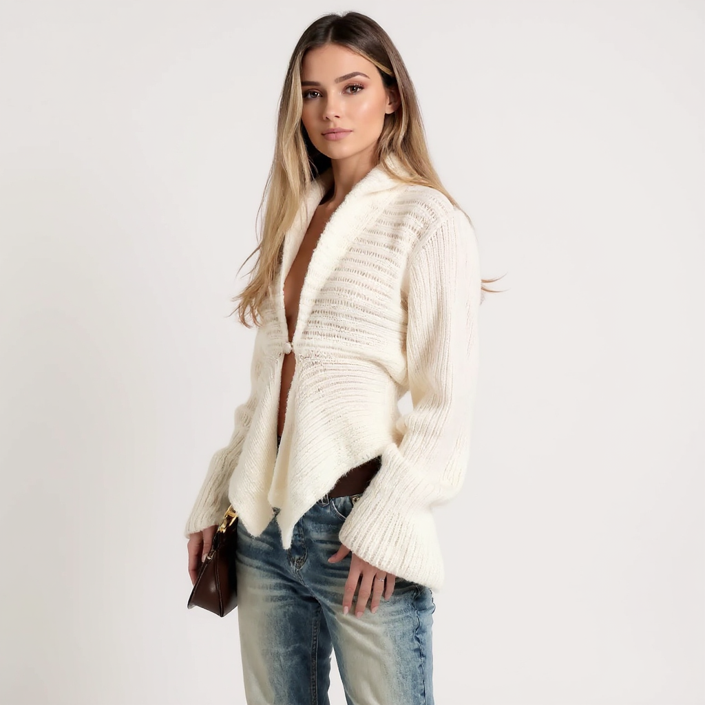 Zoe Women Collared Single Hook Cropped Ribbed Knit Cardigan