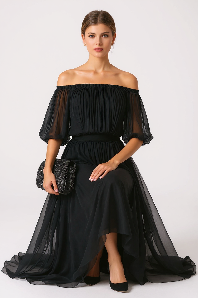 Elegant Off-Shoulder Black Pleated Dress