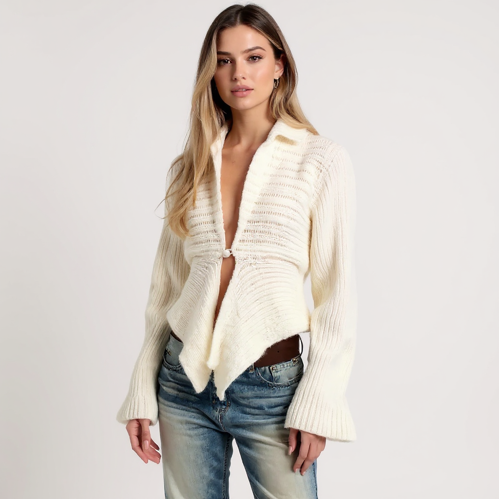 Zoe Women Collared Single Hook Cropped Ribbed Knit Cardigan