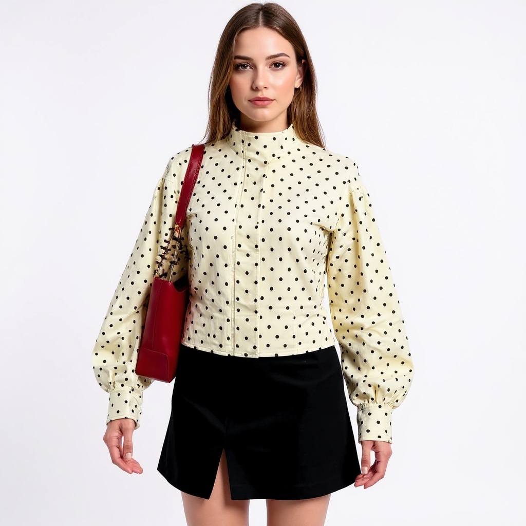 Elena Women High Neck Puff Sleeve Polka Dot Jacket