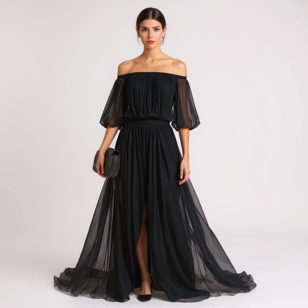 Elegant Off-Shoulder Black Pleated Dress with Flowing Silhouette