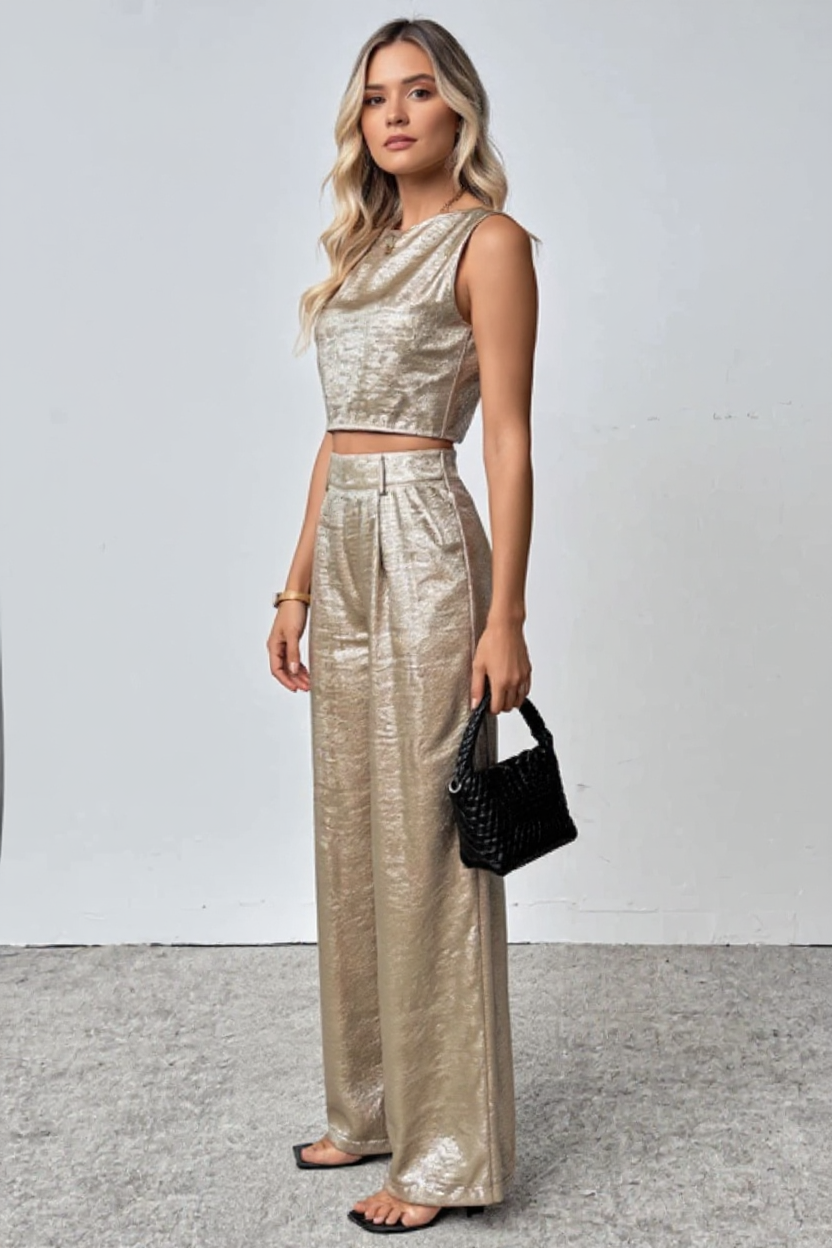 Elegant Metallic Gold Two-Piece Set with Sleeveless Top and Wide-Leg Trousers