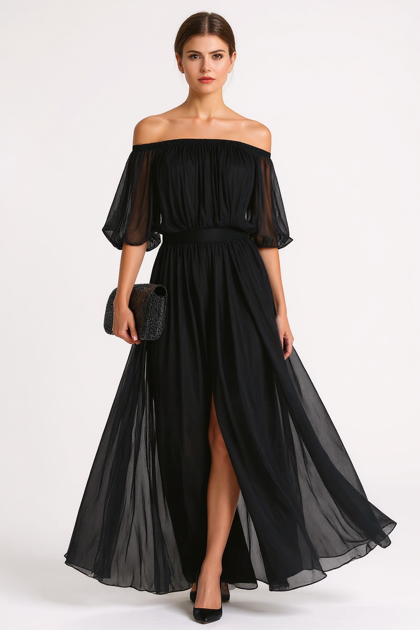 Elegant Off-Shoulder Black Pleated Dress