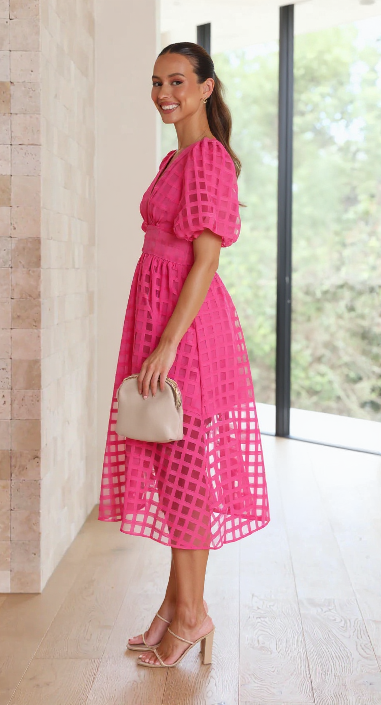 Grid Textured Puff Sleeve V-Neck Midi Wedding Guest Dress