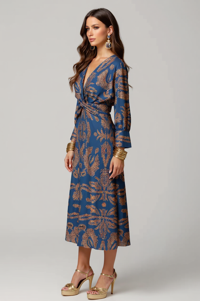 Rosalie Long Flare Sleeve V-Neck Satin Maxi Evening Dress