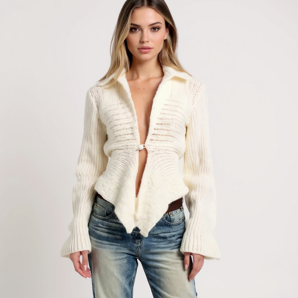 Zoe Women Collared Single Hook Cropped Ribbed Knit Cardigan