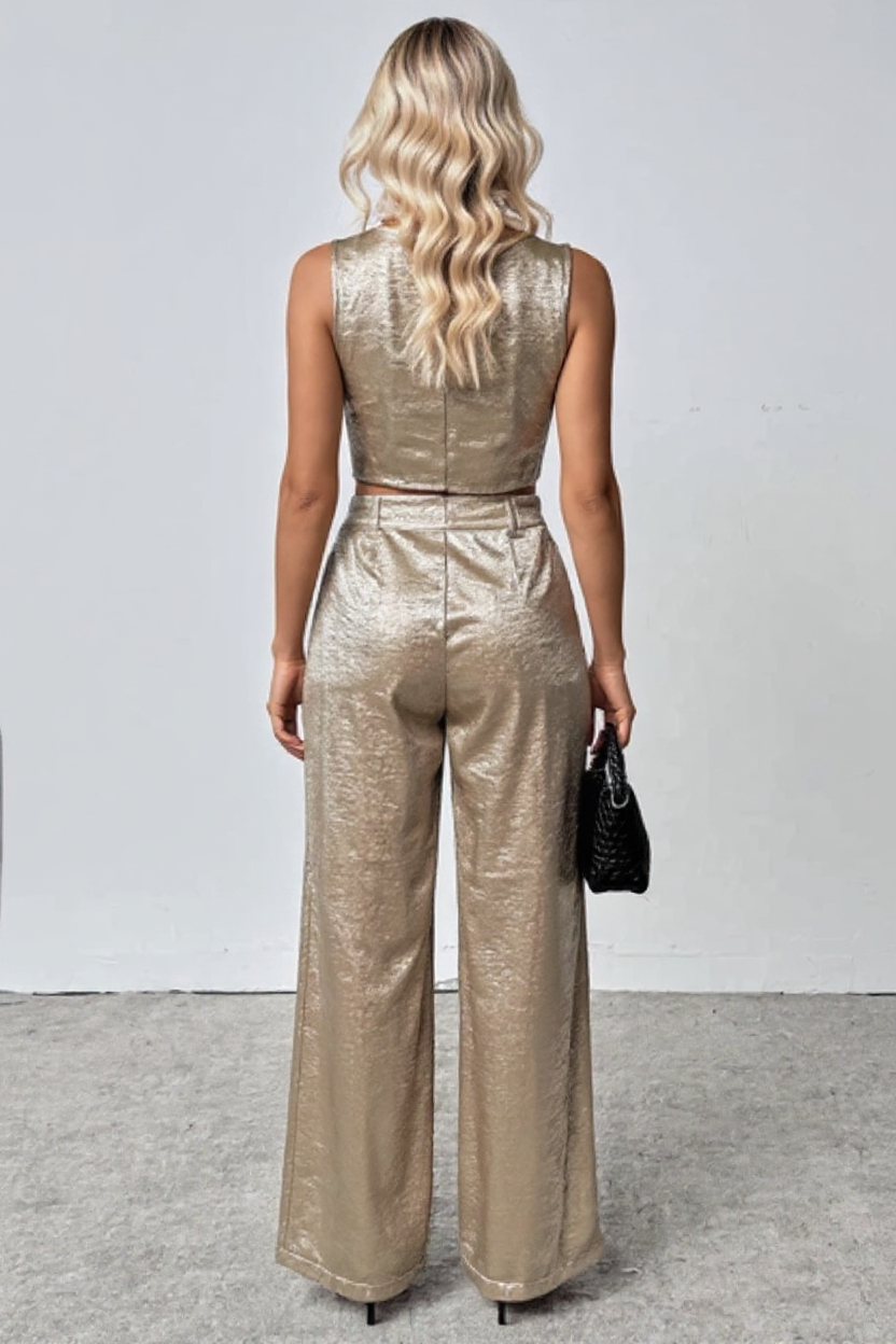 Elegant Metallic Gold Two-Piece Set with Sleeveless Top and Wide-Leg Trousers