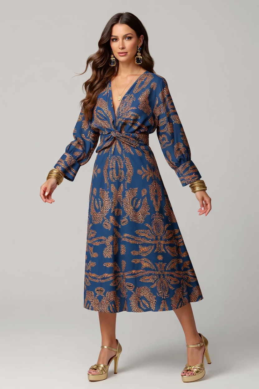 Rosalie Long Flare Sleeve V-Neck Satin Maxi Evening Dress