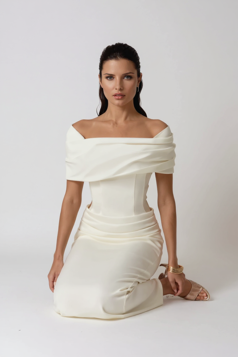 Thea Off-Shoulder Ruched Polyester Maxi Evening Dress