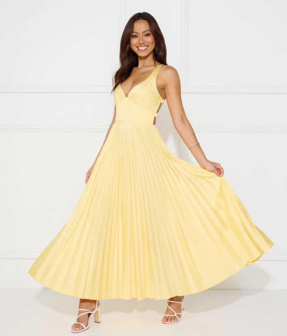 Juliet Sleeveless Pleated Maxi Wedding Guest Dress with Open Back