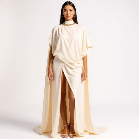 Julia Women Draped High Neck Top and Maxi Skirt Two-Piece Set