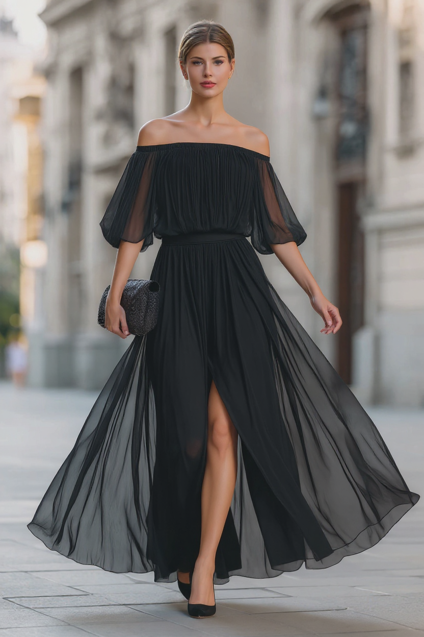 Elegant Off-Shoulder Black Pleated Dress