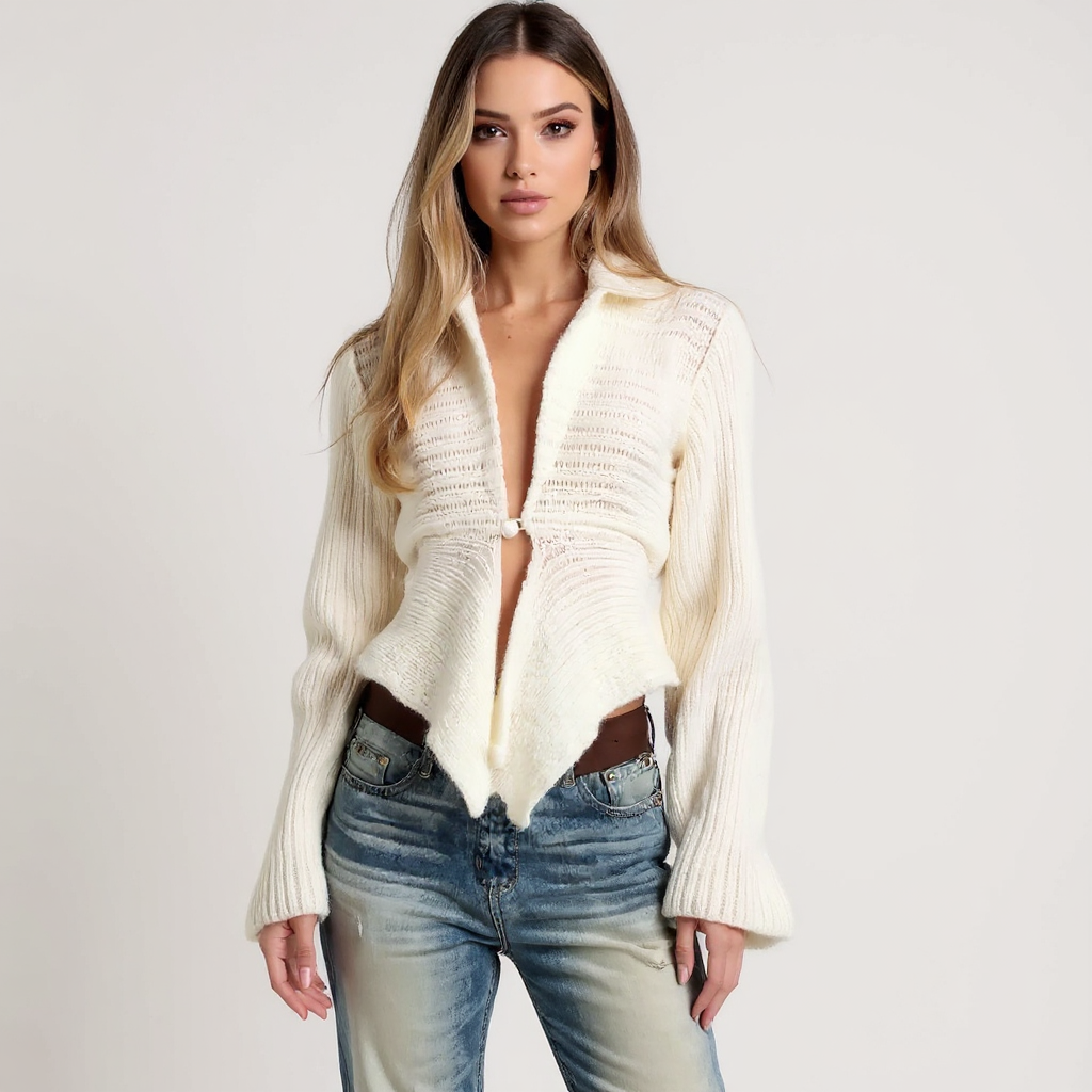 Zoe Women Collared Single Hook Cropped Ribbed Knit Cardigan