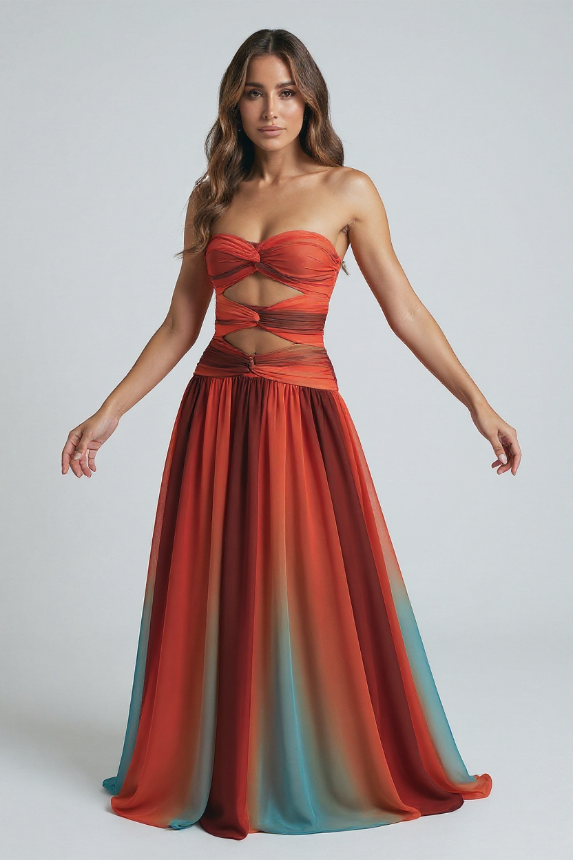 Elegant Strapless Maxi Dress with Ombre Design
