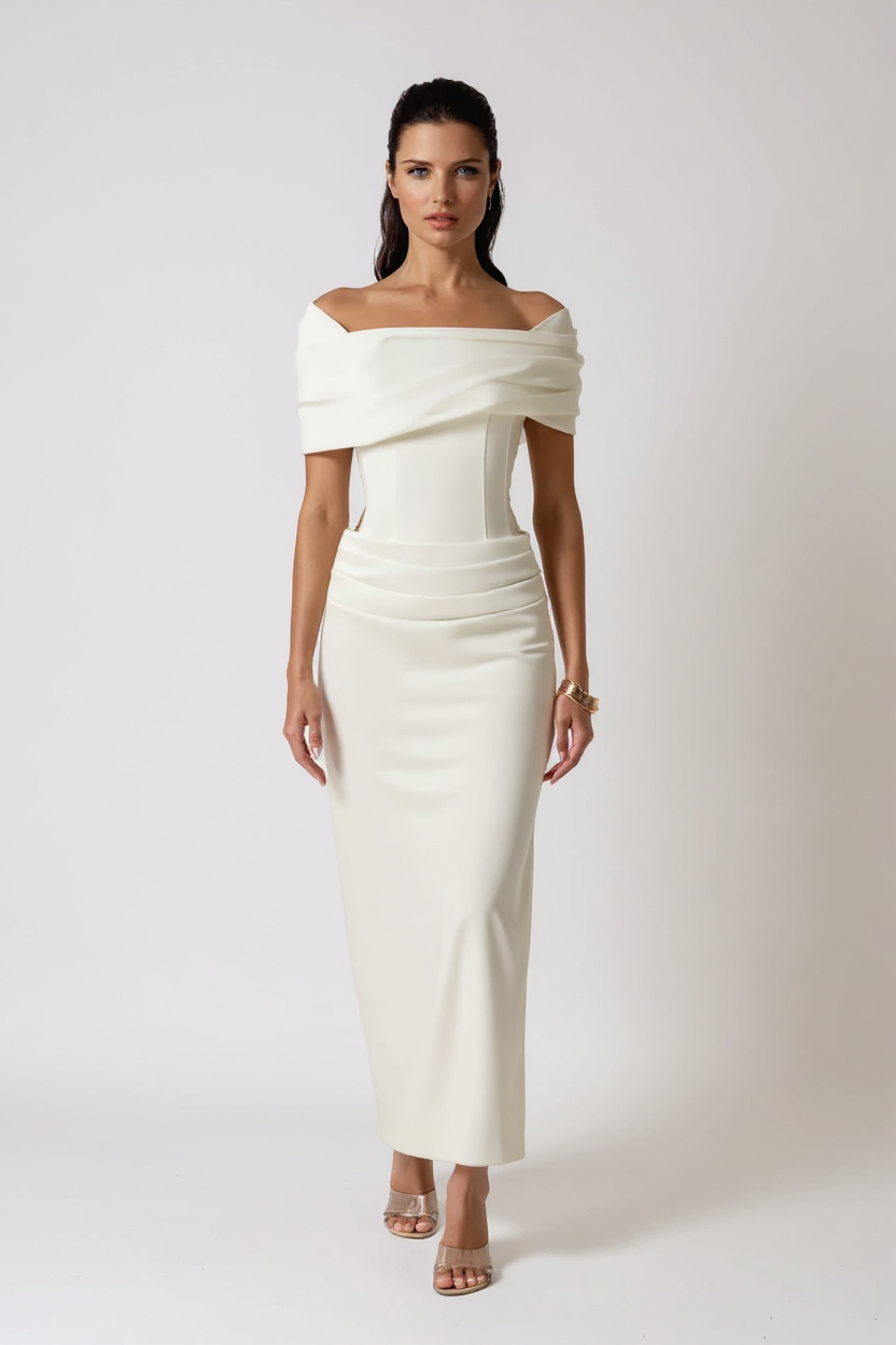 Thea Off-Shoulder Ruched Polyester Maxi Evening Dress