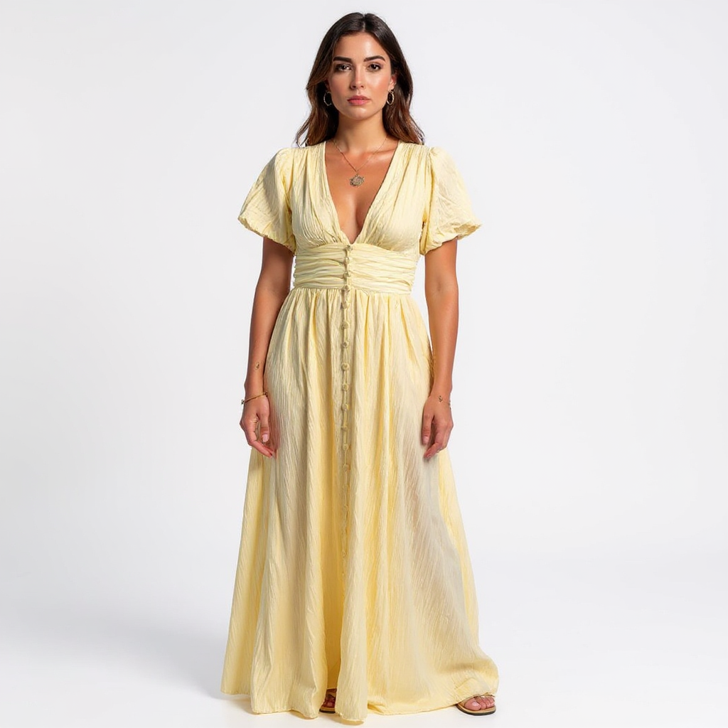 Paola Women V-Neck Puff Sleeve Button Front Maxi Sundress
