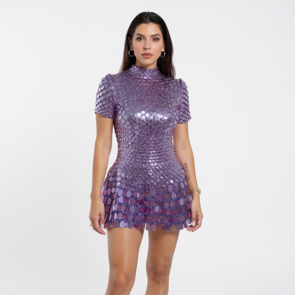 High Neck Crystal Mirror Sequin Mini Party Dress