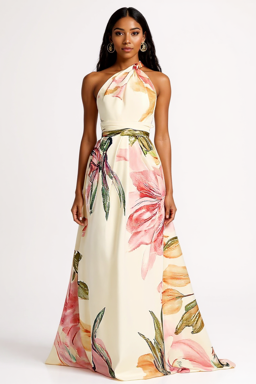 Elegant Halter Neck Floral Satin Maxi Dress