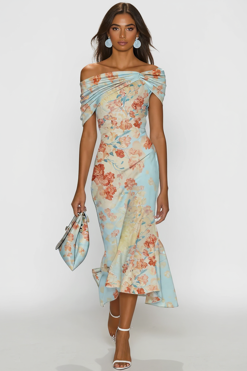 Floral Off-Shoulder Midi Dress in Pastel Shades