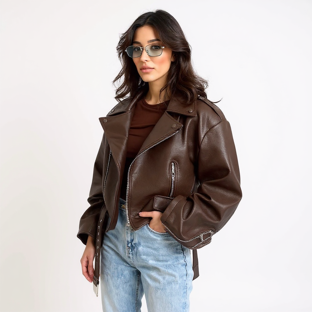 Fiona Women Oversized Faux Leather Cropped Jacket