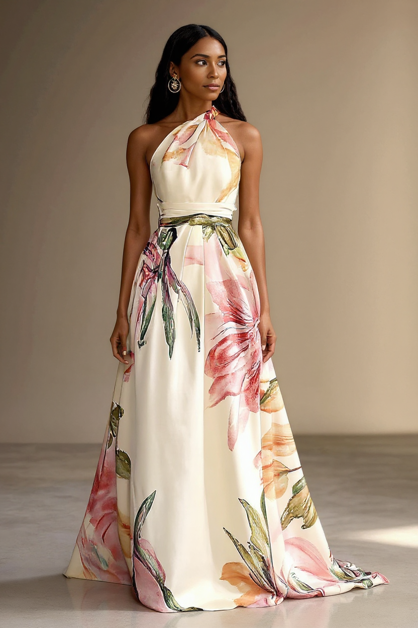 Elegant Halter Neck Floral Satin Maxi Dress