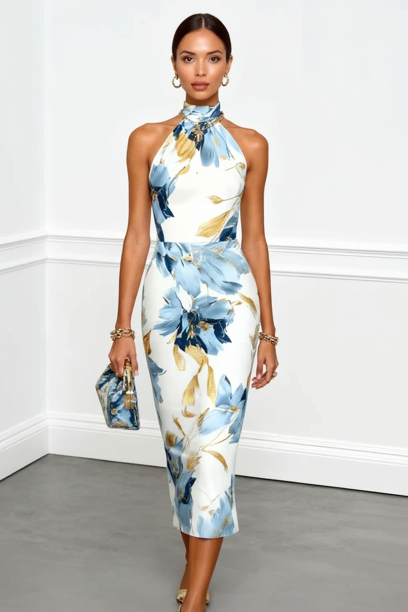 Elegant Halter Neck Floral Midi Dress in Blue and Gold Hues