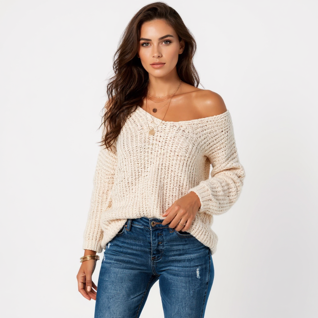 Valentina Women Off-Shoulder Cable Knit Sweater Top