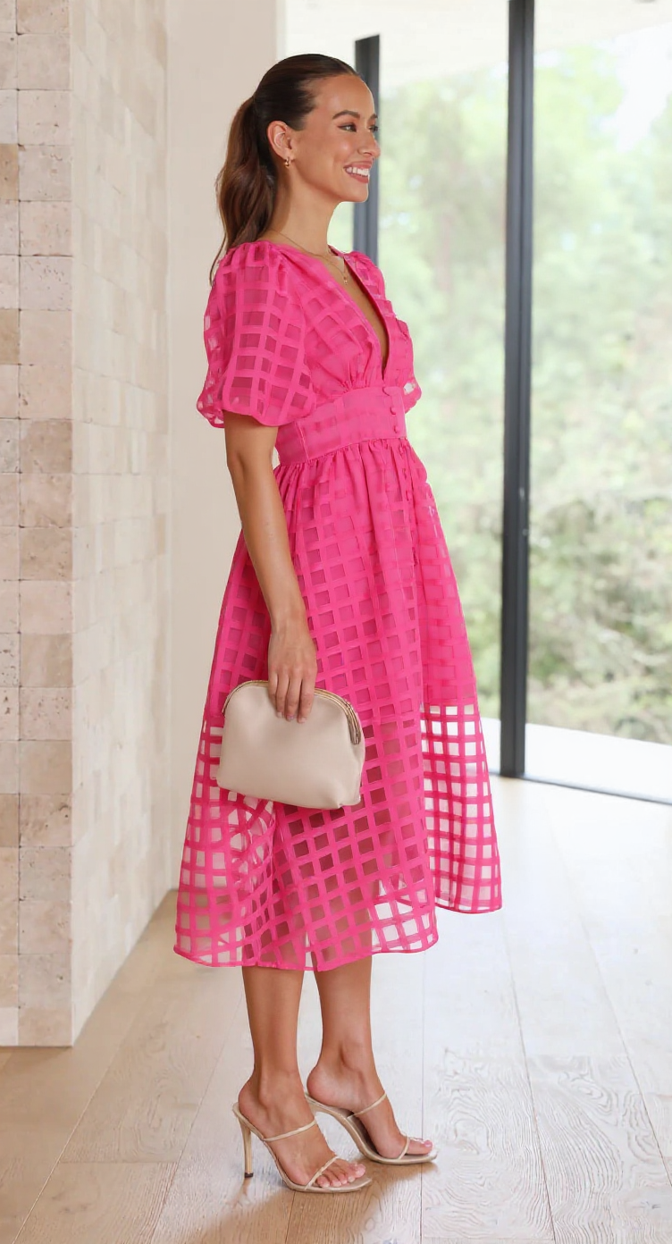 Grid Textured Puff Sleeve V-Neck Midi Wedding Guest Dress