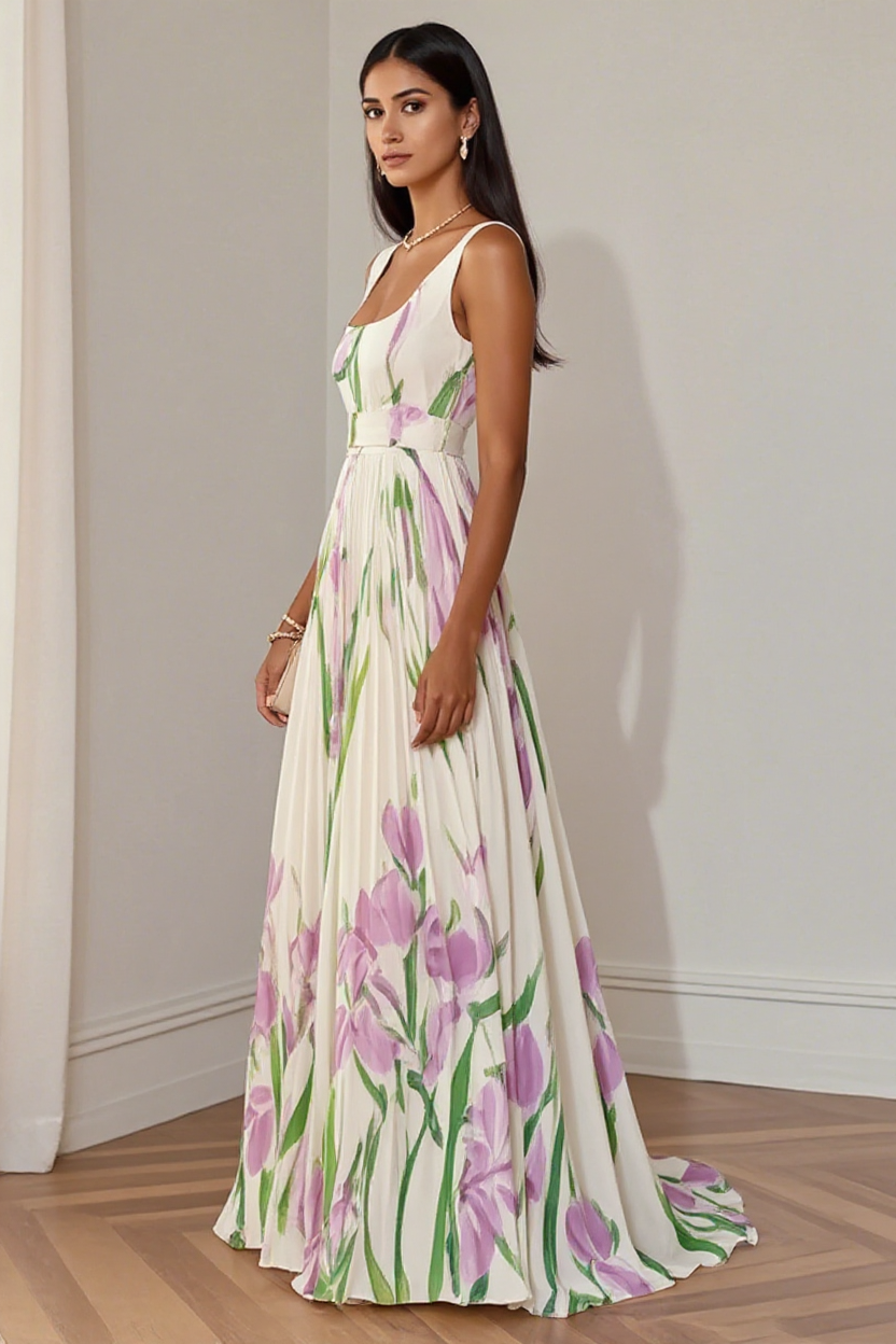 Floral Pleated Maxi Dress with Square Neckline