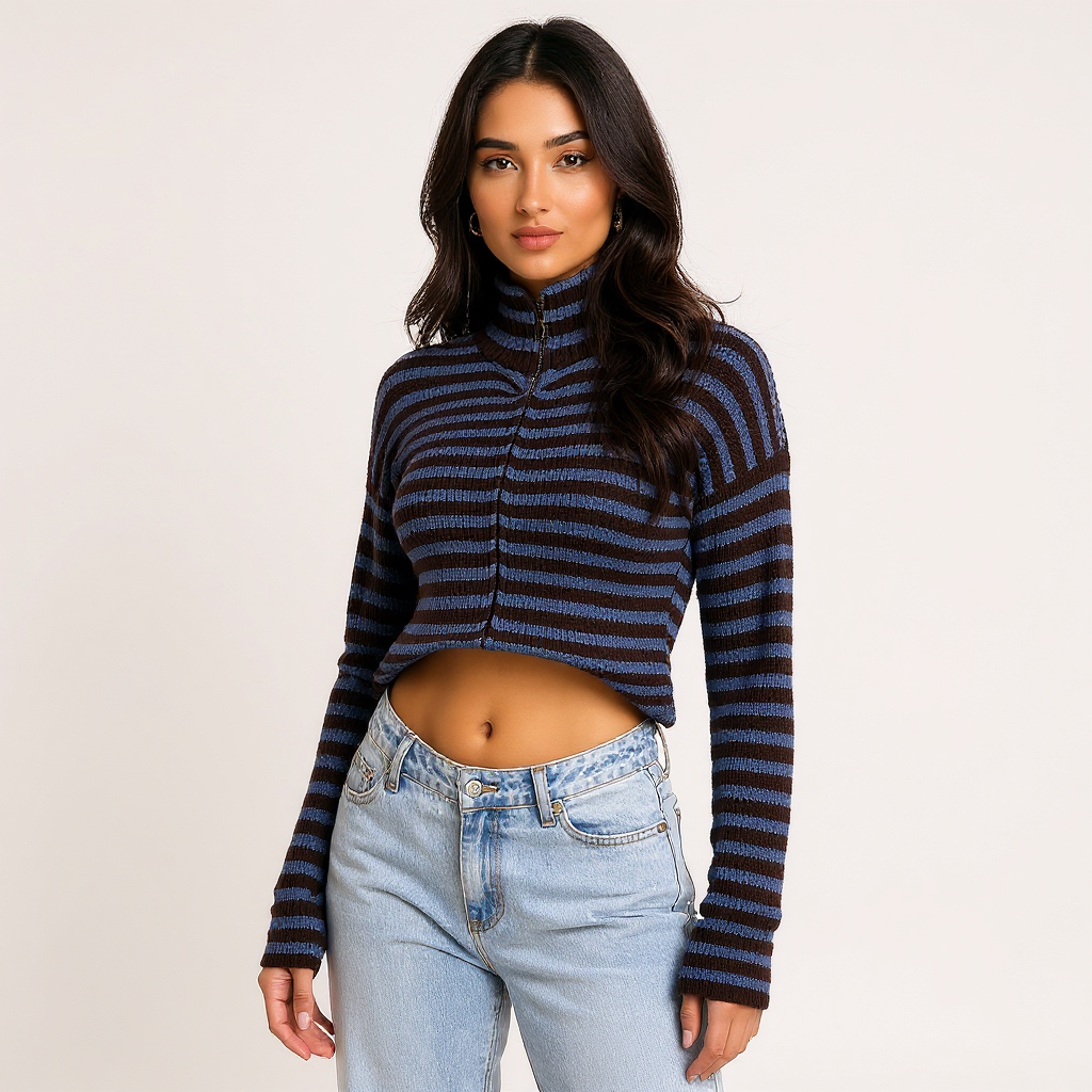 Bella Women Striped Oversized Chunky Knit Zip Cardigan