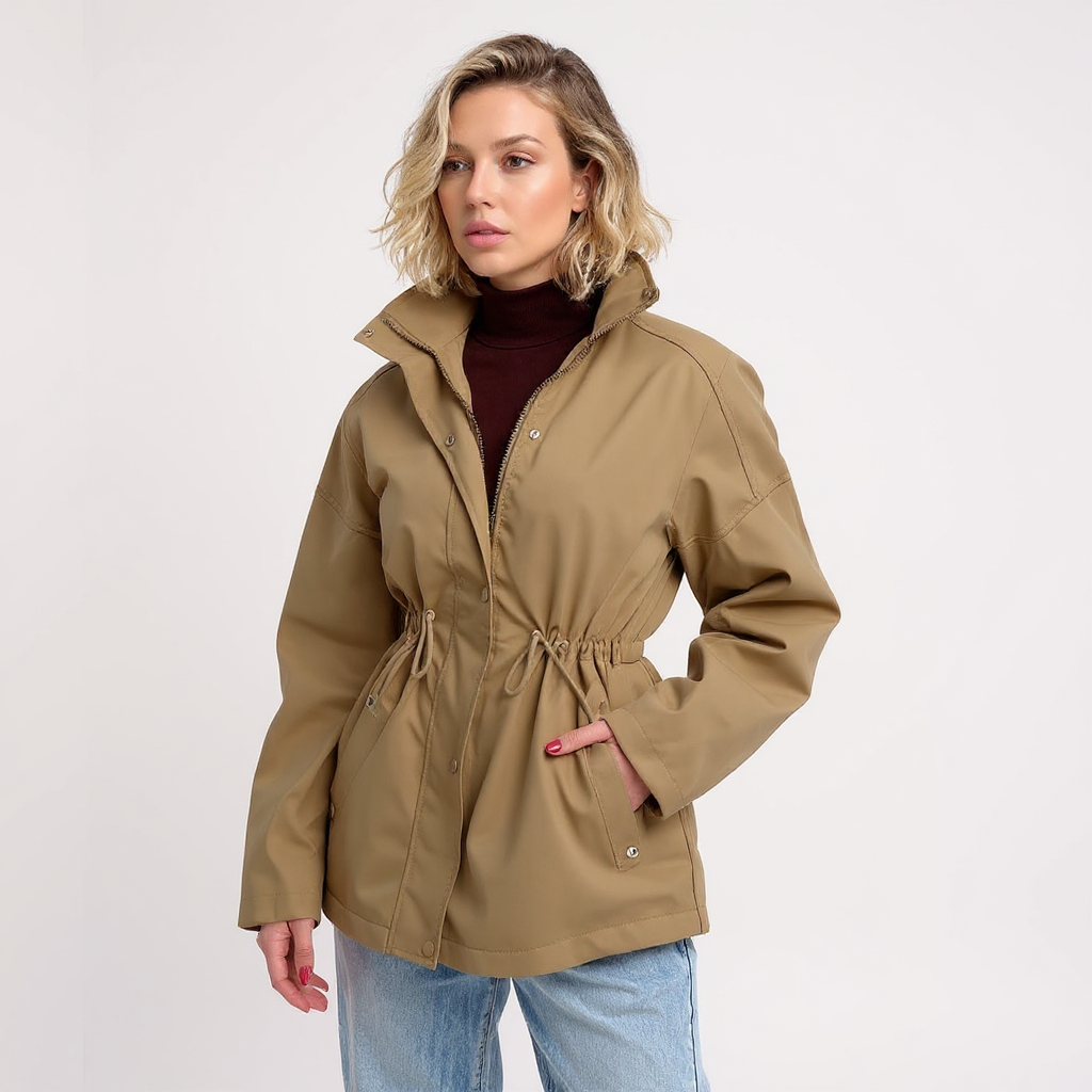 Wendy Women Drawstring Waist Stand Collar Utility Jacket