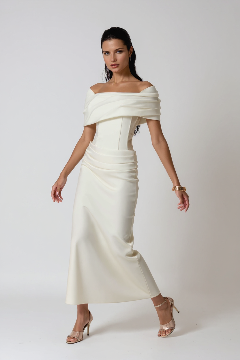 Thea Off-Shoulder Ruched Polyester Maxi Evening Dress