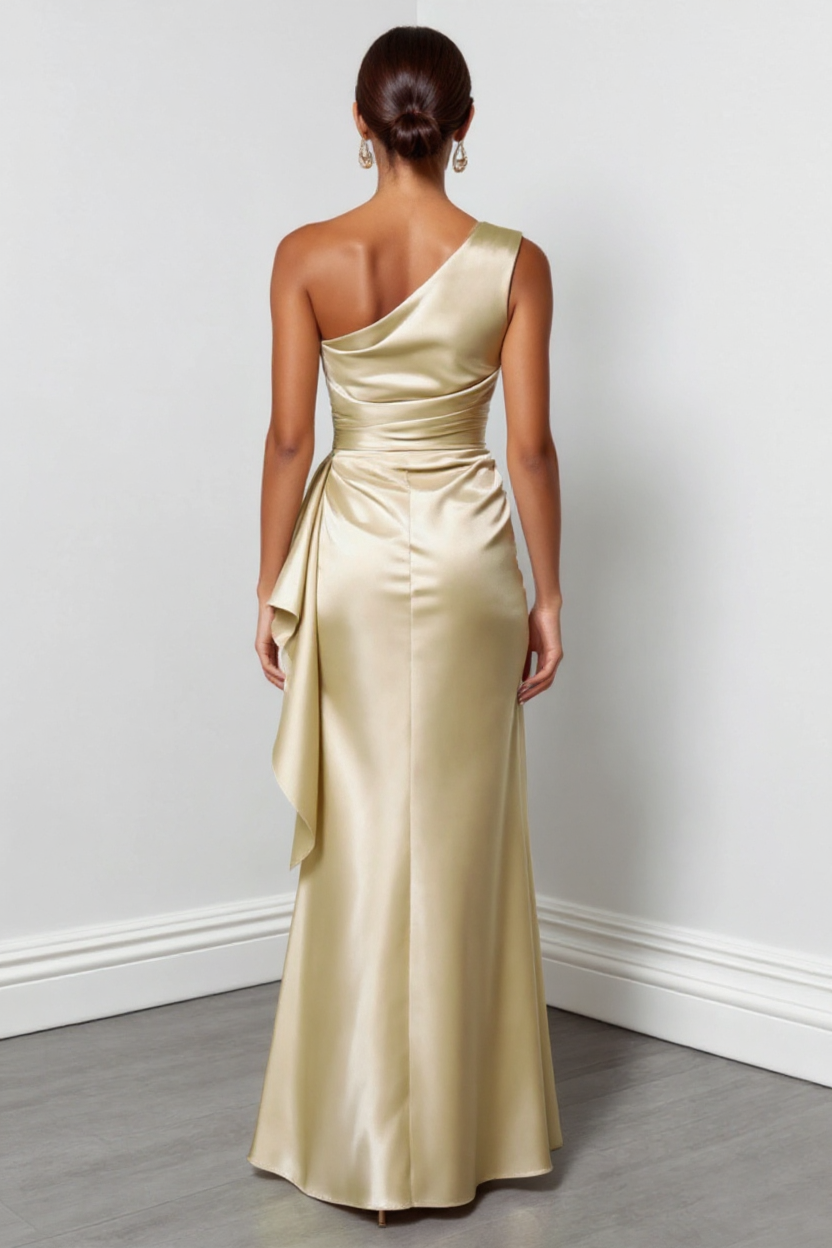 Elegant One-Shoulder Satin Ruffle Dress in Champagne
