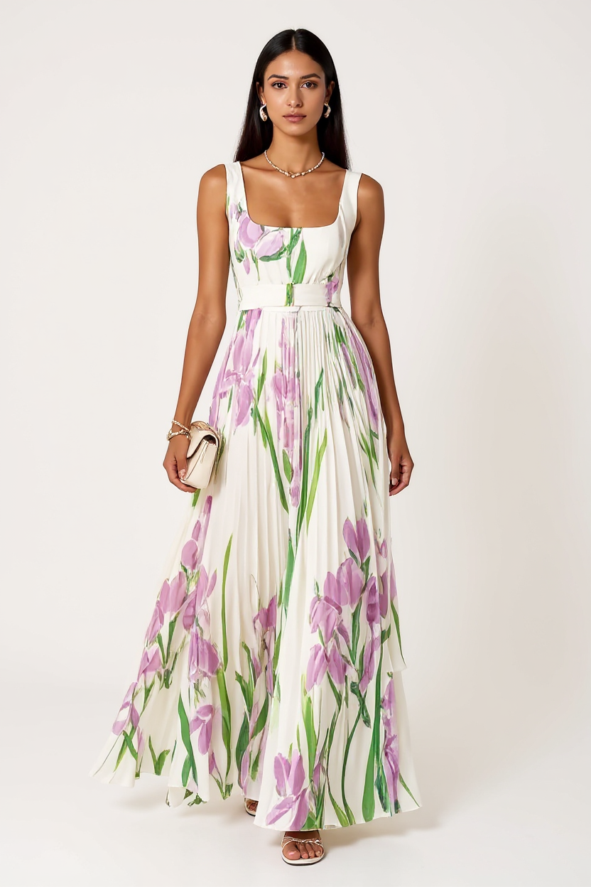 Floral Pleated Maxi Dress with Square Neckline