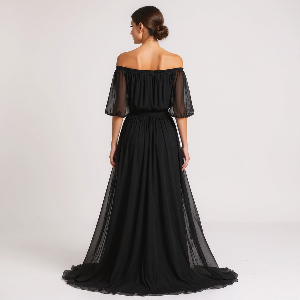 Elegant Off-Shoulder Black Pleated Dress with Flowing Silhouette