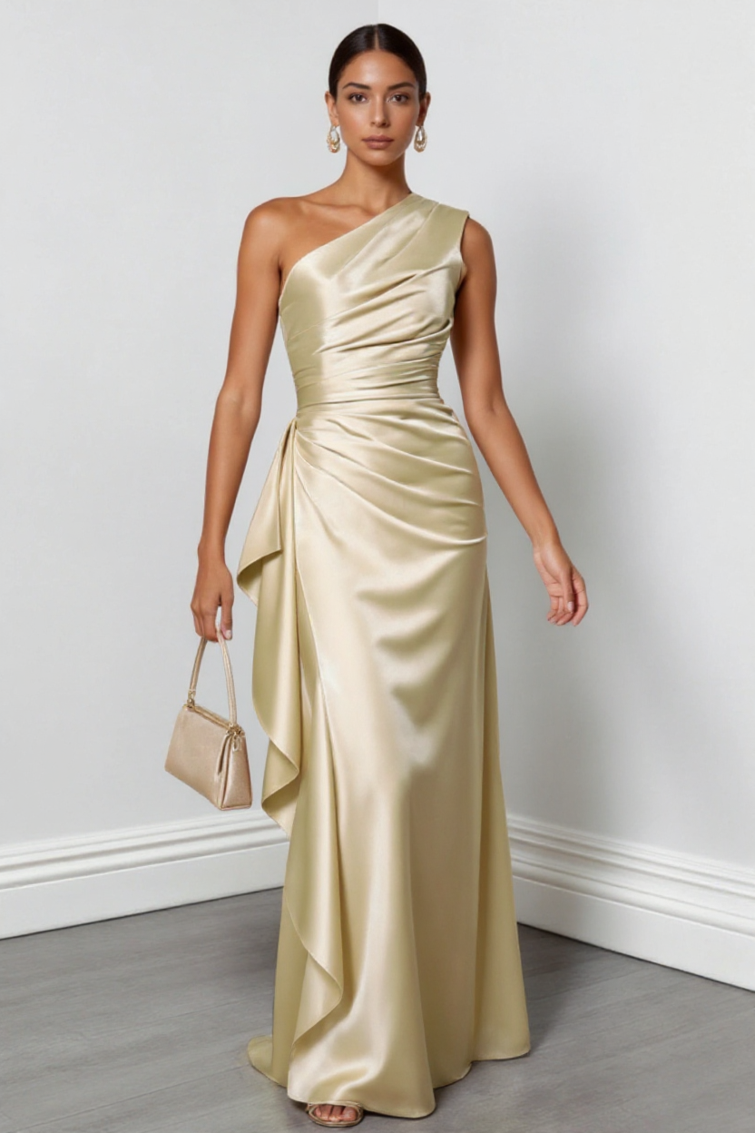 Elegant One-Shoulder Satin Ruffle Dress in Champagne