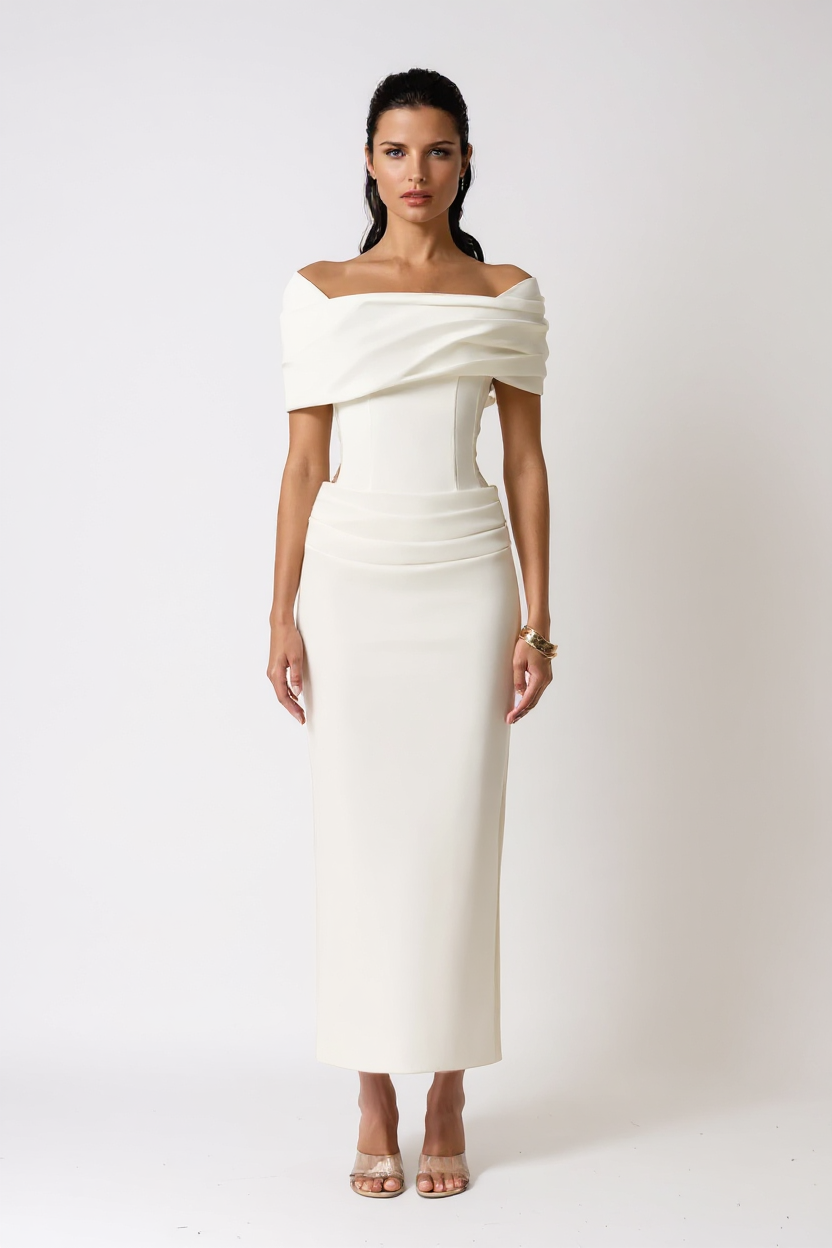 Thea Off-Shoulder Ruched Polyester Maxi Evening Dress