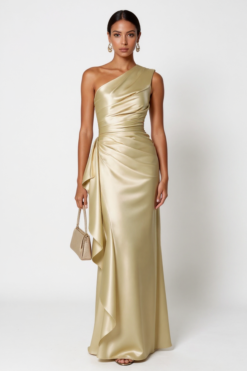 Elegant One-Shoulder Satin Ruffle Dress in Champagne
