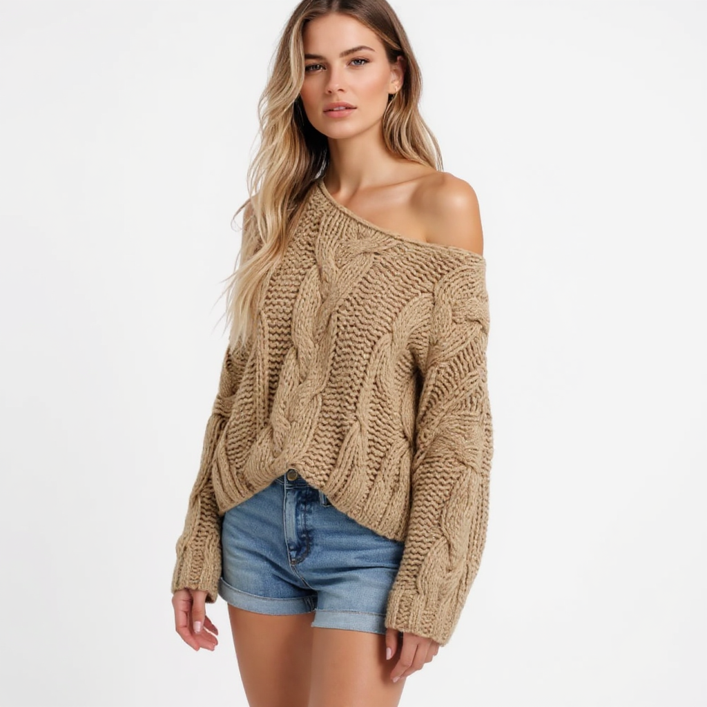 Chic Off-Shoulder Cable Knit Sweater in Warm Taupe