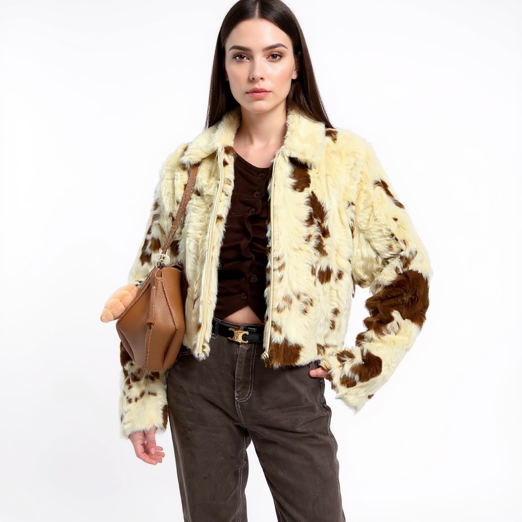 Teresa Women Faux Fur Cow Print Plush Soft Jacket