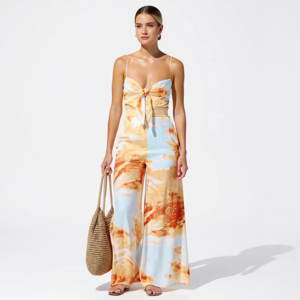 Maya Women Spaghetti Strap Front Tie Wide Leg Jumpsuit Maxi Dress