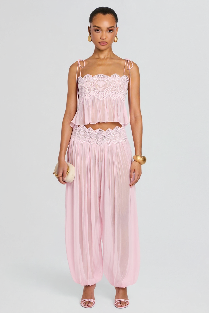 Elegant Pink Lace-Trimmed Two-Piece Set with Flowy Pants and Strappy Top