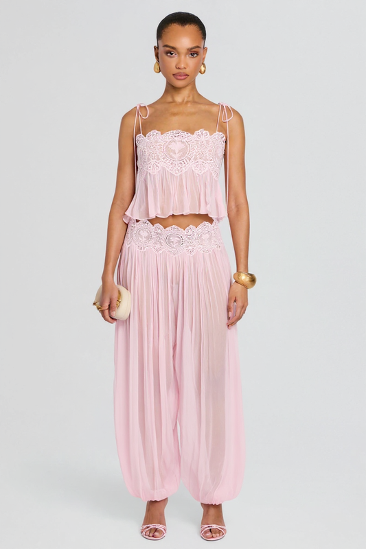 Elegant Pink Lace-Trimmed Two-Piece Set with Flowy Pants and Strappy Top