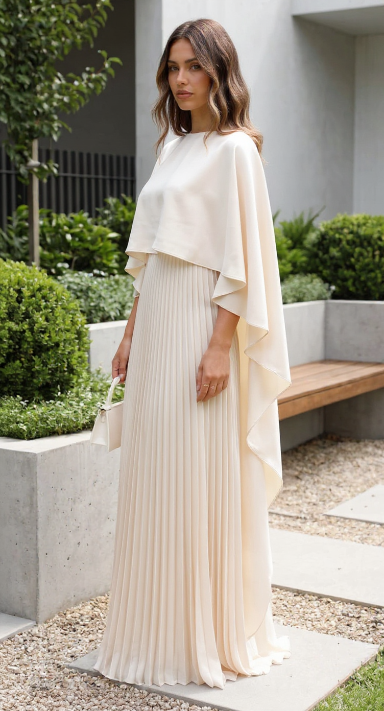Genevieve Long Cape Sleeve Pleated Maxi Wedding Guest Dress