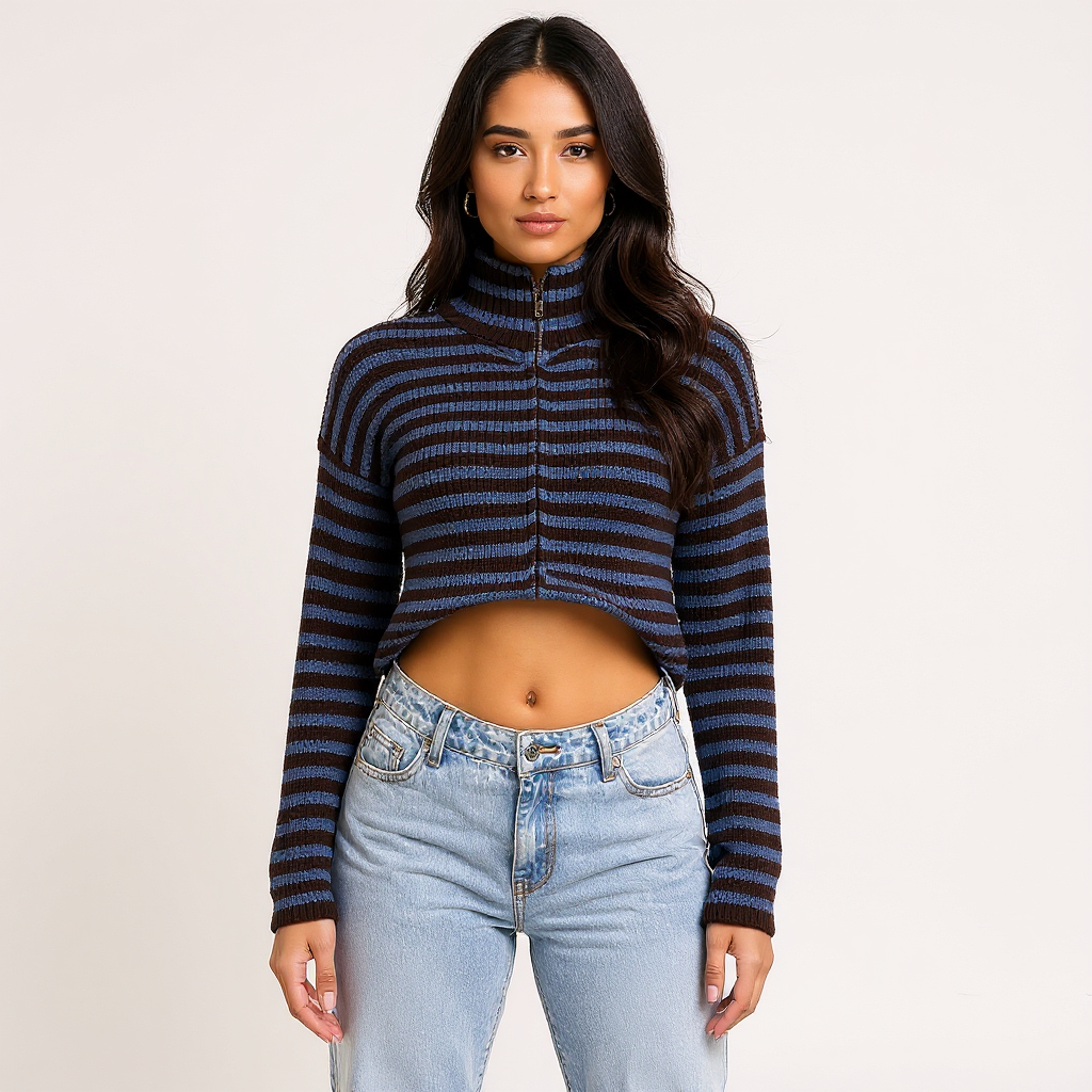 Bella Women Striped Oversized Chunky Knit Zip Cardigan