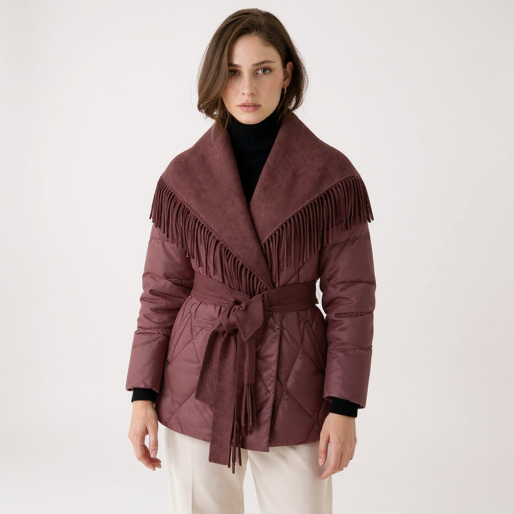 Nora Women Fringe Wool Lapel Belted Down Coat Jacket