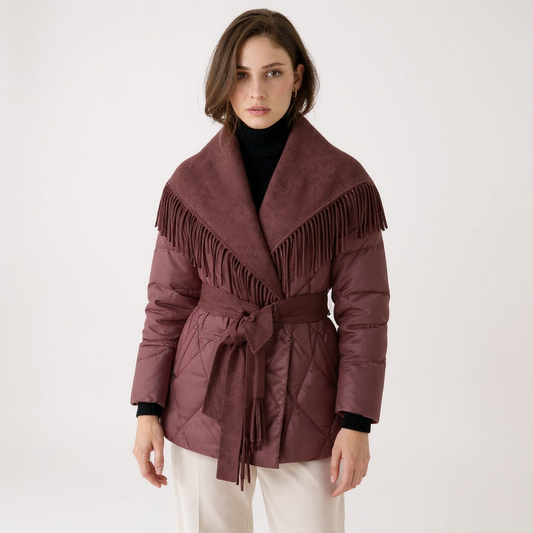 Nora Women Fringe Wool Lapel Belted Down Coat Jacket