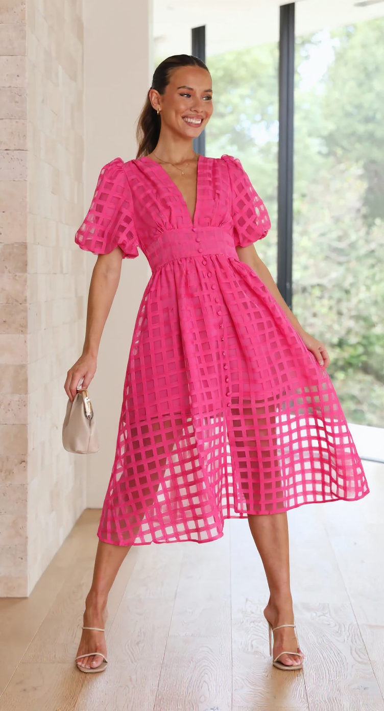 Grid Textured Puff Sleeve V-Neck Midi Wedding Guest Dress